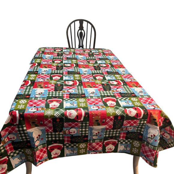 Christmas Vinyl Tablecloth Santa & Snowman Design 78x60 Rectangle Holiday Decor - Picture 2 of 7